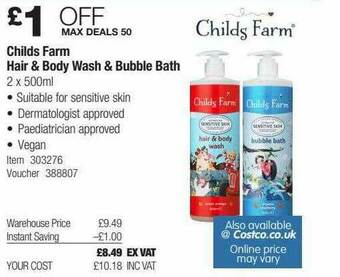 Costco Childs Farm Hair & Body Wash & Bubble Bath offer