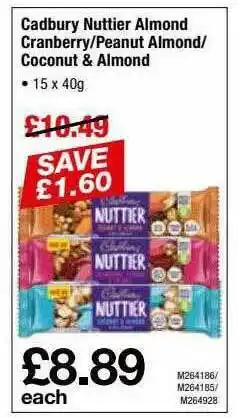 Makro Cadbury Nuttier Almond, Cranberry, Peanut Almond, Coconut & Almond offer