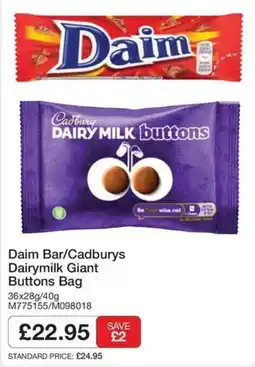 Booker Wholesale Daim Bar/Cadburys Dairy Milk Giant Buttons Bag offer