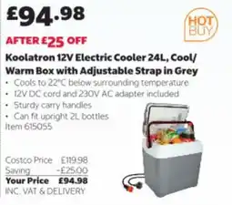Costco Koolatron 12v electric cooler 24l, cool/warm box with adjustable strap in grey offer
