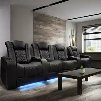 Costco Valencia Tuscany Row of 4 Black Leather Power Reclining Home Theatre Seating with Sofa Centre offer