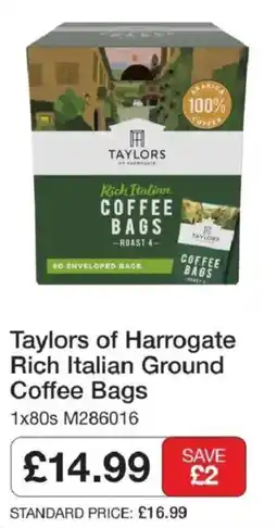 Booker Wholesale Taylors of Harrogate Rich Italian Ground Coffee Bags offer
