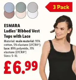 Lidl Esmara ladies' ribbed vest tops with lace offer