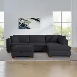 Costco Thomasville Walsen Blue Fabric Corner Sofa with Storage Ottoman, Right Hand Facing offer