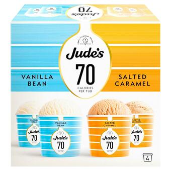 Sainsbury's Jude's Low Calorie Vanilla Bean And Salted Caramel Ice Cream Mini Pots 4x95ml offer