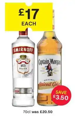 SuperValu Smirnoff No. 21 Vodka / Captain Morgan Original Spiced Gold offer