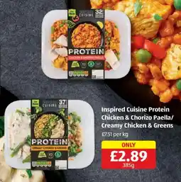 Aldi Inspired Cuisine Protein Chicken & Chorizo Paella/ Creamy Chicken & Greens offer