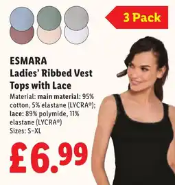 Lidl Esmara ladies' ribbed vest tops with lace offer
