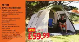 Lidl Crivit 4 Person Family Tent offer