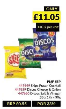 Musgrave MarketPlace Skips Prawn Cocktail, Discos Cheese & Onion or Discos Salt & Vinegar offer