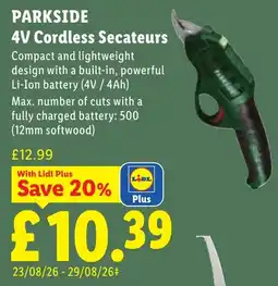 Lidl Parkside 4v Cordless Secateurs offer