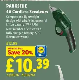 Lidl PARKSIDE 4V Cordless Secateurs offer