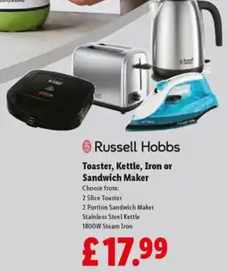 Lidl Russell Hobbs Toaster, Kettle, Iron or Sandwich Maker offer