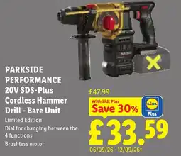 Lidl Parkside Performance 20V SDS-Plus Cordless Hammer Drill - Bare Unit offer