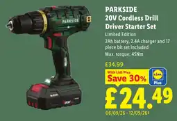 Lidl Parkside 20v Cordless Drill Driver Starter Set offer