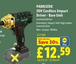 Lidl Parkside 20v Cordless Impact Driver - Bare Unit offer