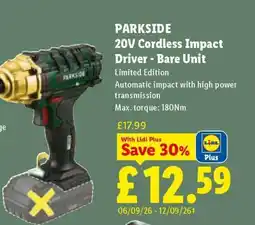 Lidl Parkside 20V Cordless Impact Driver - Bare Unit offer