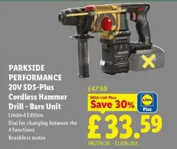Lidl PARKSIDE PERFORMANCE 20V SDS-Plus Cordless Hammer Drill - Bare Unit offer