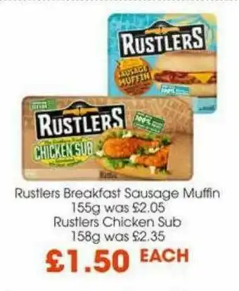 Centra Restlers Breakfast Sausage Muffin Rustlers Chicken Sub offer