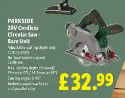 Lidl Parkside 20v Cordless Circular Saw - Bare Unit offer