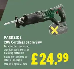 Lidl Parkside 20v Cordless Sabre Saw offer