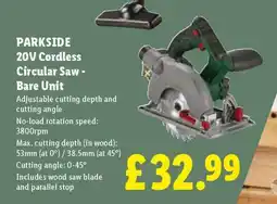 Lidl PARKSIDE 20V Cordless Circular Saw - Bare Unit offer