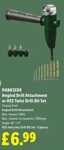 Lidl Parkside Angled Drill Attachment or Hss Twist Drill Bit Set offer