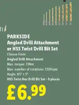 Lidl PARKSIDE Angled Drill Attachment or HSS Twist Drill Bit Set offer