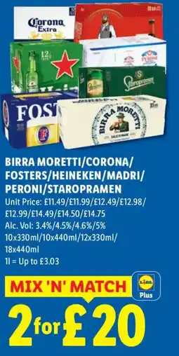 Lidl Birra Moretti/Corona/Fosters/Heineken/Madri/Peroni/Staropramen offer