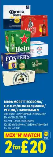 Lidl Birra Moretti/Corona/Fosters/Heineken/Madri/Peroni/Staropramen offer