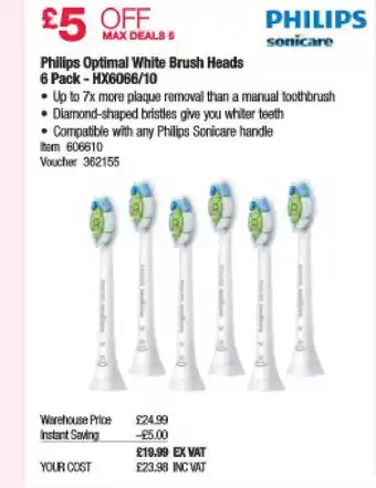 Costco Philips Optimal White Brush Heads 6 Pack - HX6066-10 offer