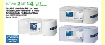 Costco Tork Mini Jumbo Toilet Roll 12 X 170mtr, Tork Basic Centre Feed White 6 X 150mtr , Tork Basic Centre Feed Blue 6 X 150mtr offer