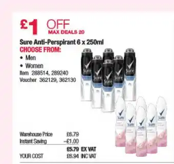 Costco Sure Anti-Perspirant 6 X 250ml offer