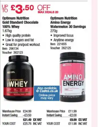 Costco Optimum Nutrition Gold Standard Chocolate 100% Whey , Optimum Nutrition Amino Energy Watermelon 30 Servings offer