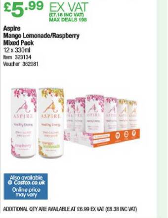 Costco Aspire Mango Lemonade-Raspberry Mixed Pack offer