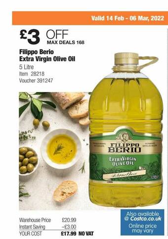 Costco Filippo Berio Extra Virgin Olive Oil offer