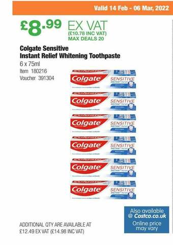 Costco Colgate Sensitive Instant Relief Whitening Toothpaste offer