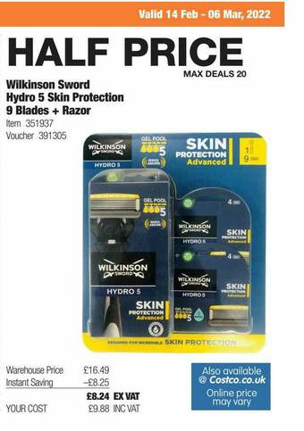 Costco Wilkinson Sword Hydro 5 Skin Protection 9 Blades + Razor offer