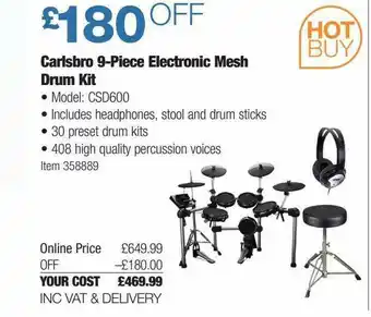 Costco Carlsbro 9-piece Electronic Mesh Drum Kit offer