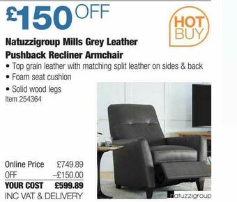Costco Natuzzigroup Mills Grey Leather Pushback Recliner Armchair offer