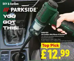 Lidl PARKSIDE 12V Cordless Mini Blower & Vacuum offer