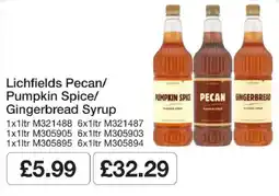 Booker Wholesale Lichfields pecan pumpkin spice gingerbread syrup offer