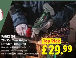 Lidl Parkside 20v Cordless Angle Grinder - Bare Unit offer