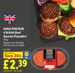 Lidl High Protein 4 British Beef Quarter Pounders offer
