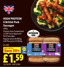 Lidl High Protein 6 British Pork Sausages offer