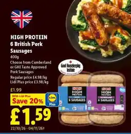 Lidl HIGH PROTEIN 6 British Pork Sausages offer