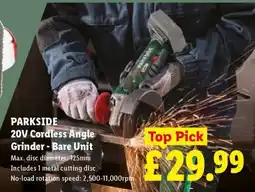 Lidl Parkside 20V Cordless Angle Grinder - Bare Unit offer