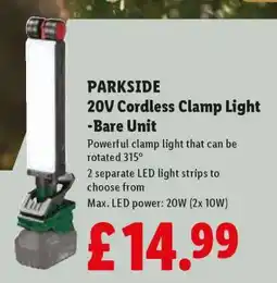 Lidl PARKSIDE 20V Cordless Clamp Light -Bare Unit offer