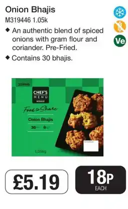 Booker Wholesale Chef's menu onion bhajis offer