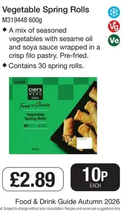 Booker Wholesale Chef's Menu vegetable spring rolls offer